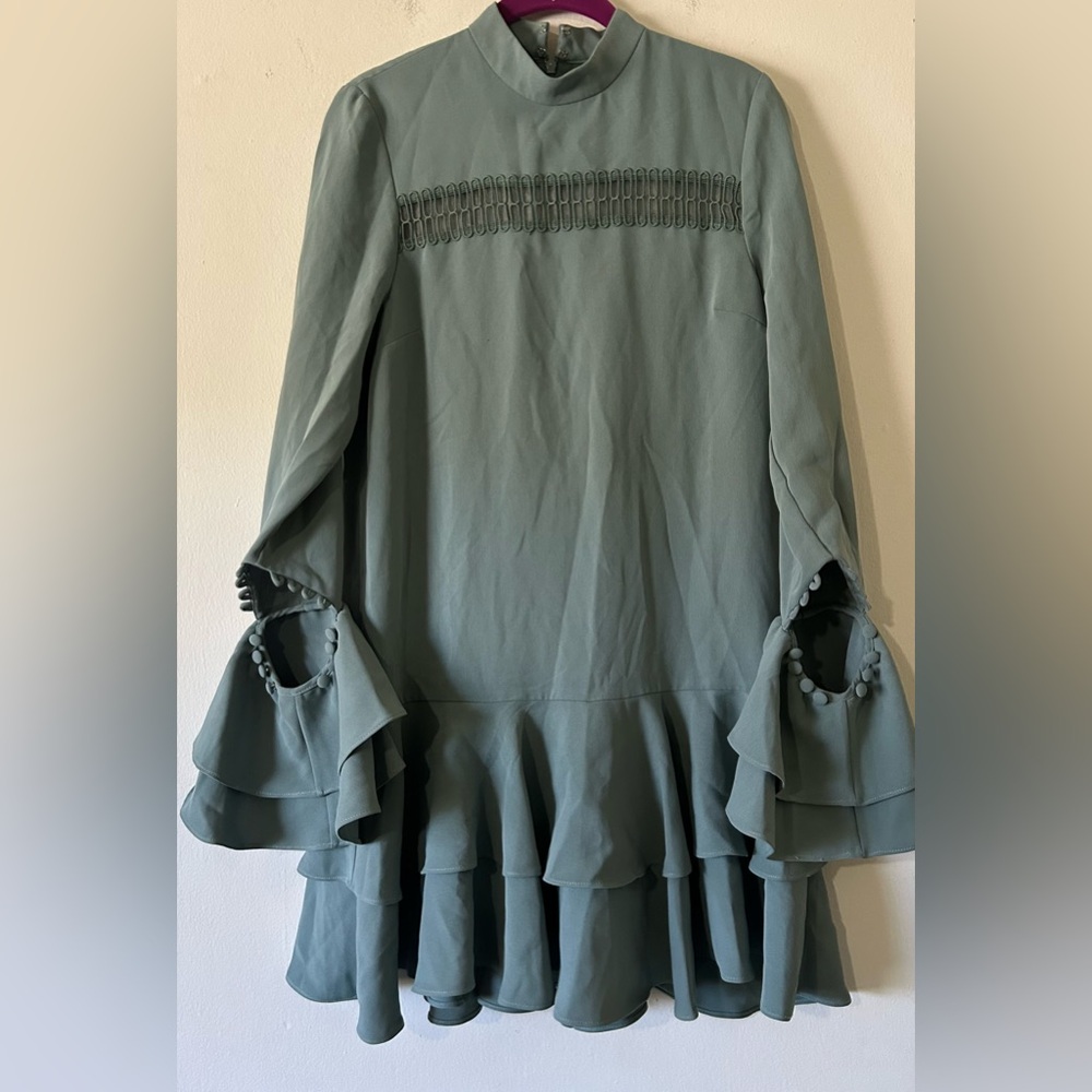 Prose and Poetry Sage Green Boho Mod Ruffle Dress with Fantastic Sleeves